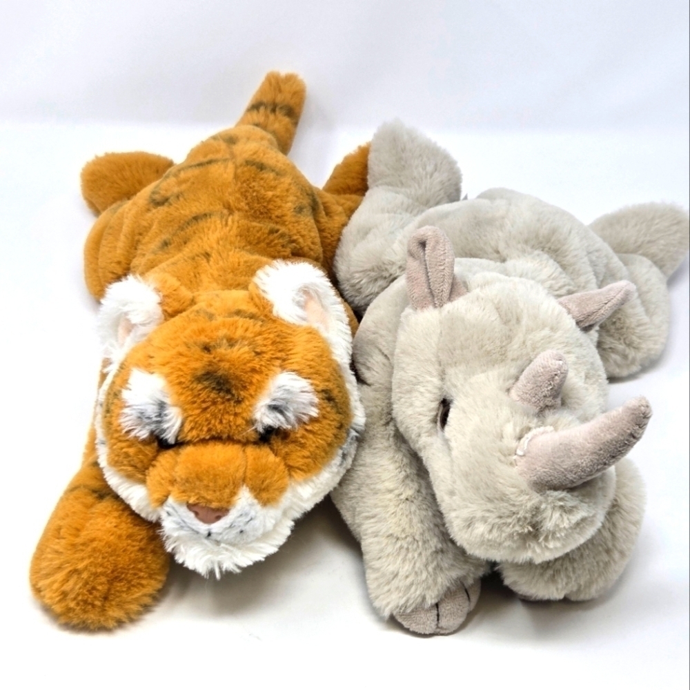FAO SCHWARZ SET OF 2 PLUSH TOYS STUFFED ANIMAL TIGER & RHINO ADOPT A WILD PAL